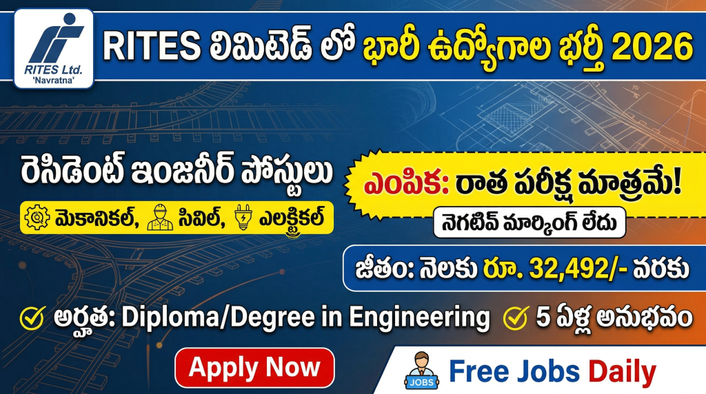 RITES Recruitment 2026, Resident Engineer Jobs 2026, Latest Railway Jobs in Telugu, RITES Engineer Notification 2026,Govt Jobs for Diploma Holders 2026, RITES Recruitment Salary, Resident Engineer Syllabus PDF, RITES Apply Online Link.